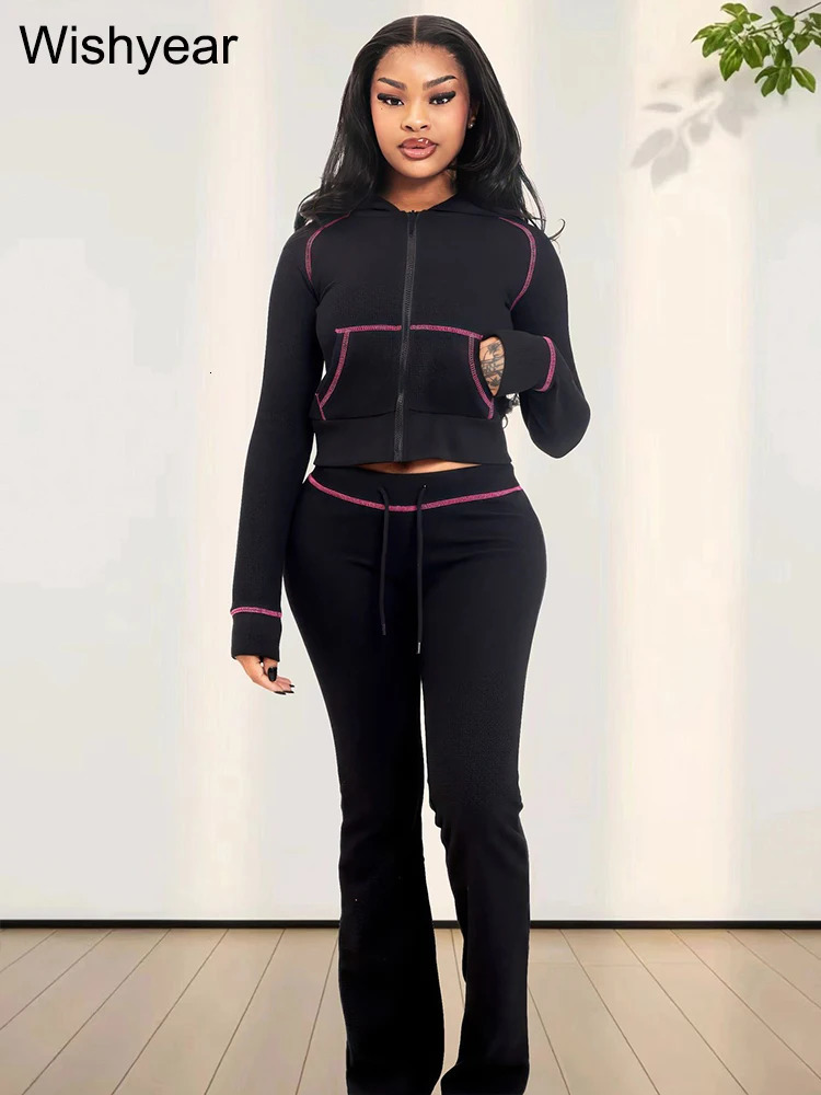 Casual solid purple twopiece set womens long sleeved zipper hooded jacket top and pants matching autumn street track field uniform 241008