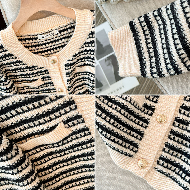 150Kg Plus Size Women's Bust 150 Autumn Winter Loose Striped Cardigan V-Neck Small Fragrant Knit Sweater 5Xl 6Xl 7Xl 8Xl 9Xl