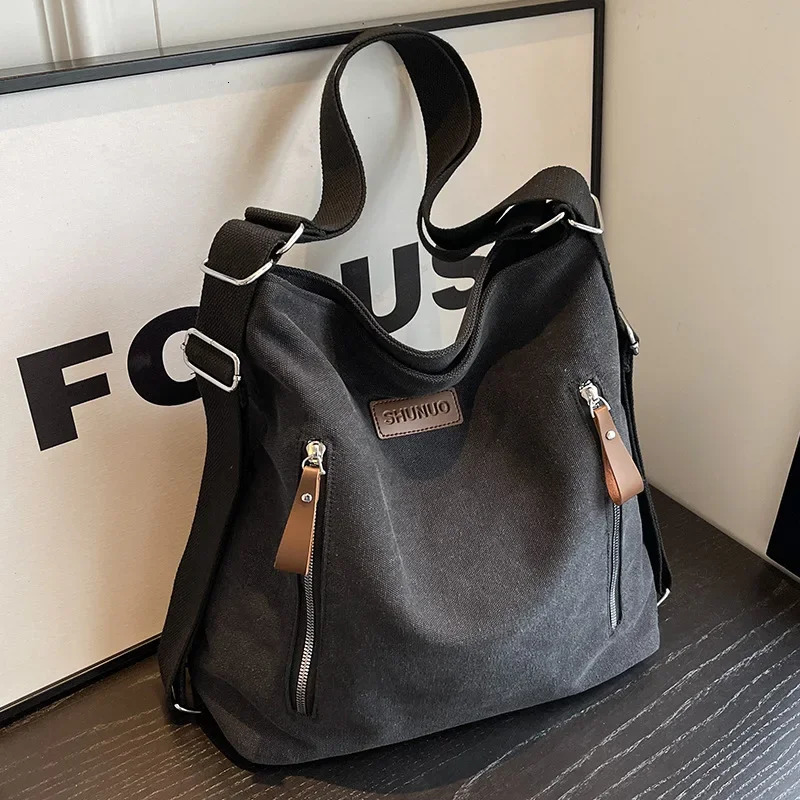 Large capacity canvas bag casual shoulder bag womens outdoor backpack commuting bag crossover bag 241008