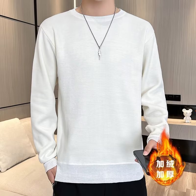 2024 Designer Winter Men's Round Neck Basic Solid Color Integrated Knitted Sweater Inner Bottom Coat Thick Velvet Warmth