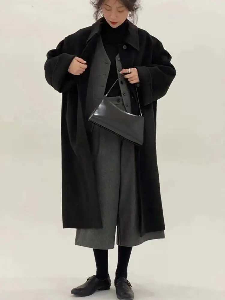 Korean Style Office Lady Woolen Jackets 2024 Autumn And Winter Lapel Single Breasted Loose Elegant Long Womens Wool CoatsX241009