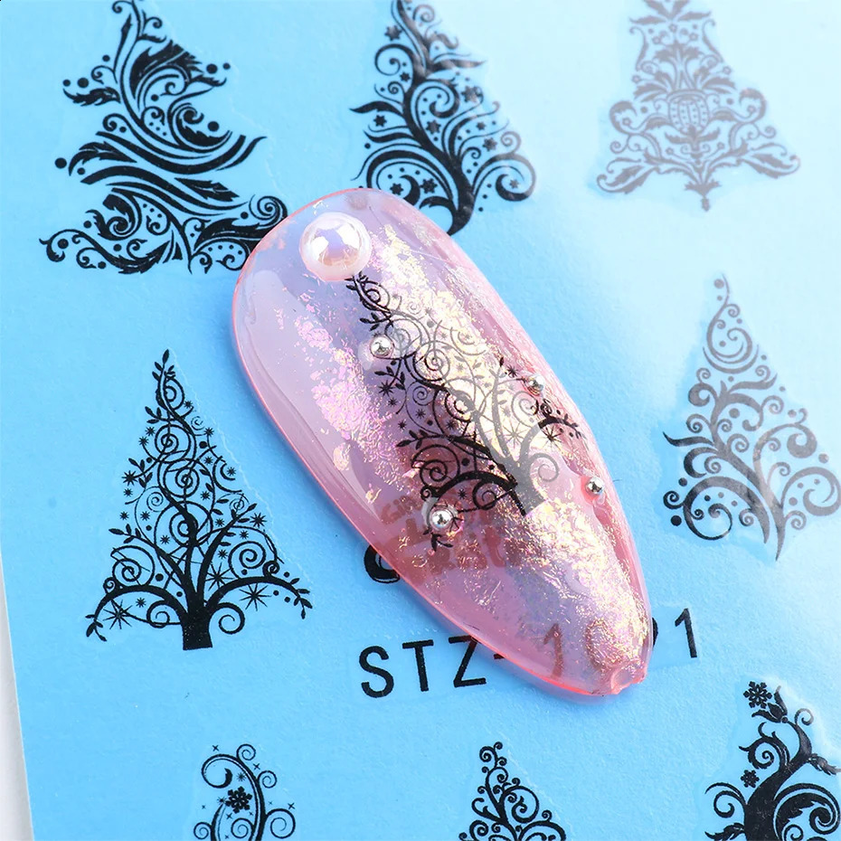 16 pieces of black nail stickers Christmas reindeer tree snowflake water transfer stickers Christmas winter nail accessories SASTZ1082-1097-1 241008