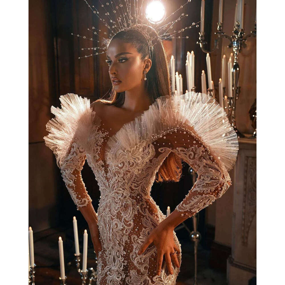 Gorgeous Wedding Dresses Mermaid V-Neck Appliques Pearls Long Sleeve Princess Bride Dress Vestido de novia Custom Made