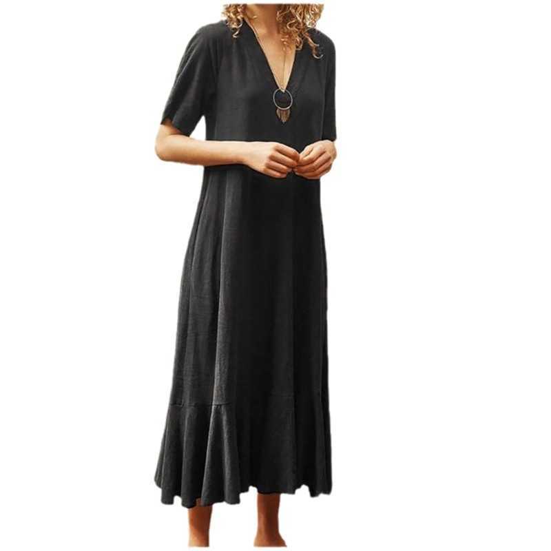 Casual Dresses 2024 New Women's Solid Color V-neck Lace-up Short Sleeve A-line Long Dress T241009
