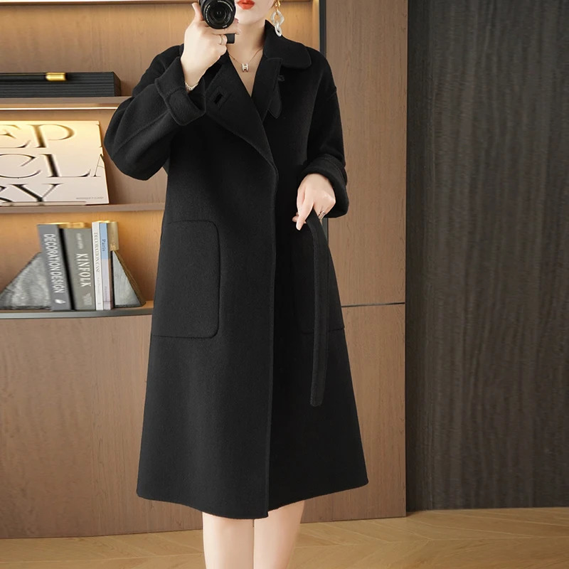 Autumn and Winter Solid Color Woolen Coat for Women Medium to Long Loose Bathrobe Double sided 240930