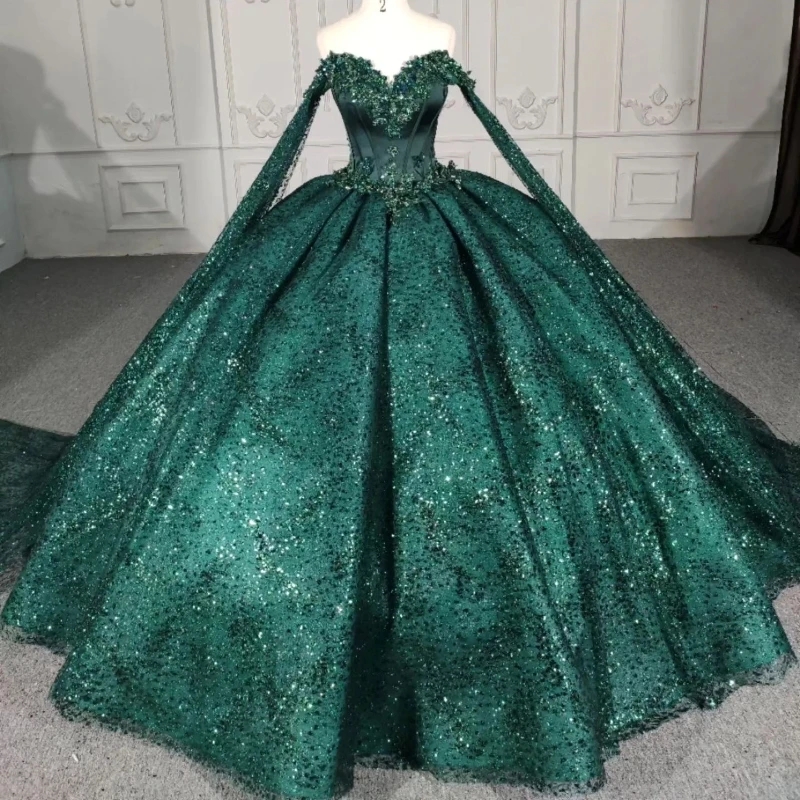 Blackish Green Shiny Off The Shoulder Ball Gown Quinceanera Dresses Beads Ceystal Birthday Party Gowns Beaded Vestido De 15 Anos Sweet 16 Dress