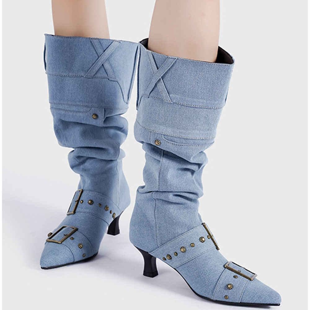Brand New Vintage Bronze Kitten Heels Pleated Elegant Pointy Toe Modern Lady Mid-Calf Boots Shoes With Buckle