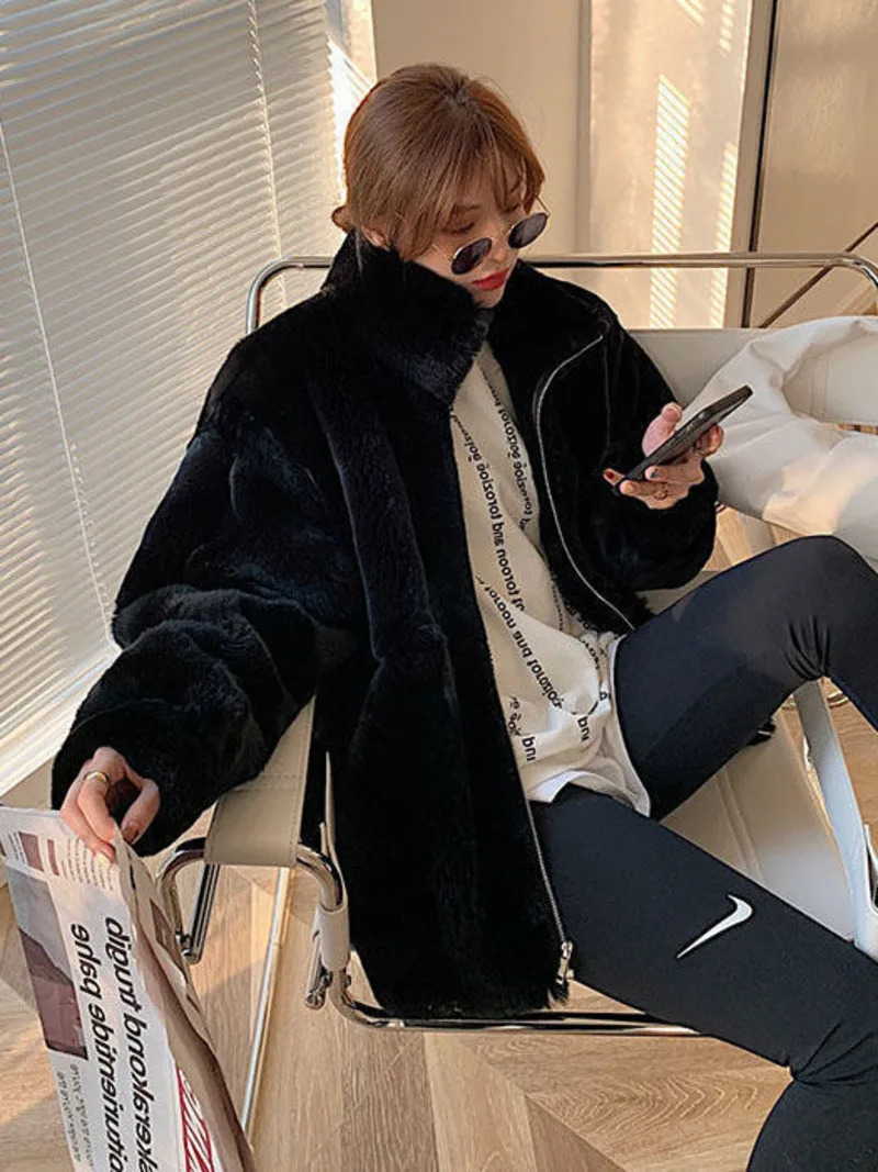 Plush jacket womens winter Rex rabbit fur medium long loose thick hooded womens jacket Ins 241007