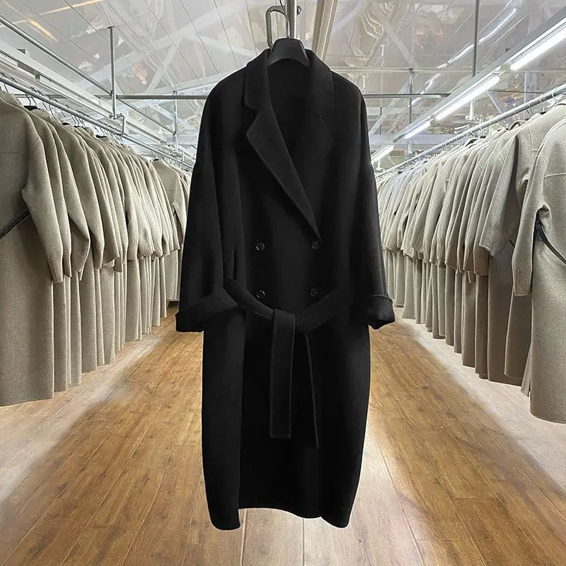 2023 Winter Korean Handmade Double Breasted Long 100 Wool Coat Women Casual Loose Lacing Belt Woolen Overcoat Oversized 240930