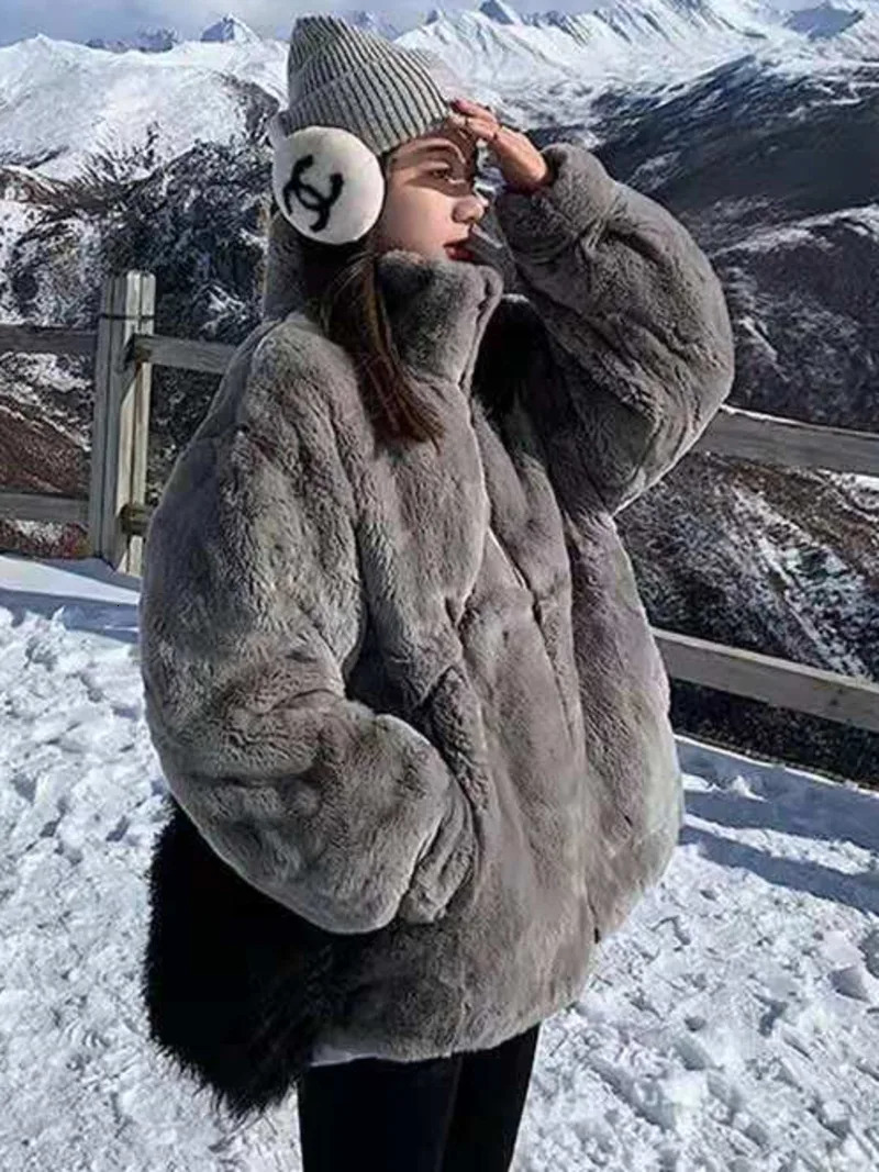 Plush jacket womens winter Rex rabbit fur medium long loose thick hooded womens jacket Ins 241007