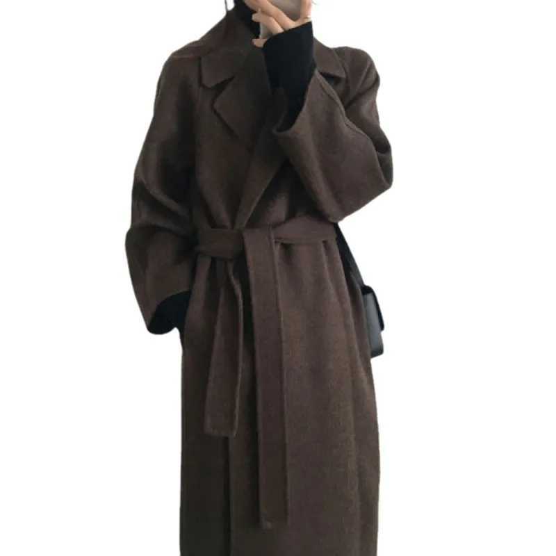 Wool Coats Long Women Midi Waist Lace Up Belt Blends Splice Full Sleeve Cardigan Solid Thick Warm Jackets Straight Winterx2