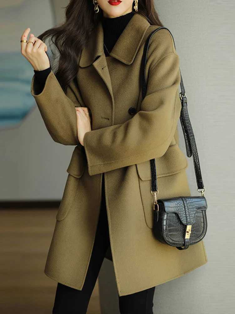 Autumn Winter New Cotton Thickened Woolen Coat Women Korean Version Slim Fit Medium Long Solid Color Woolen CoatX241009