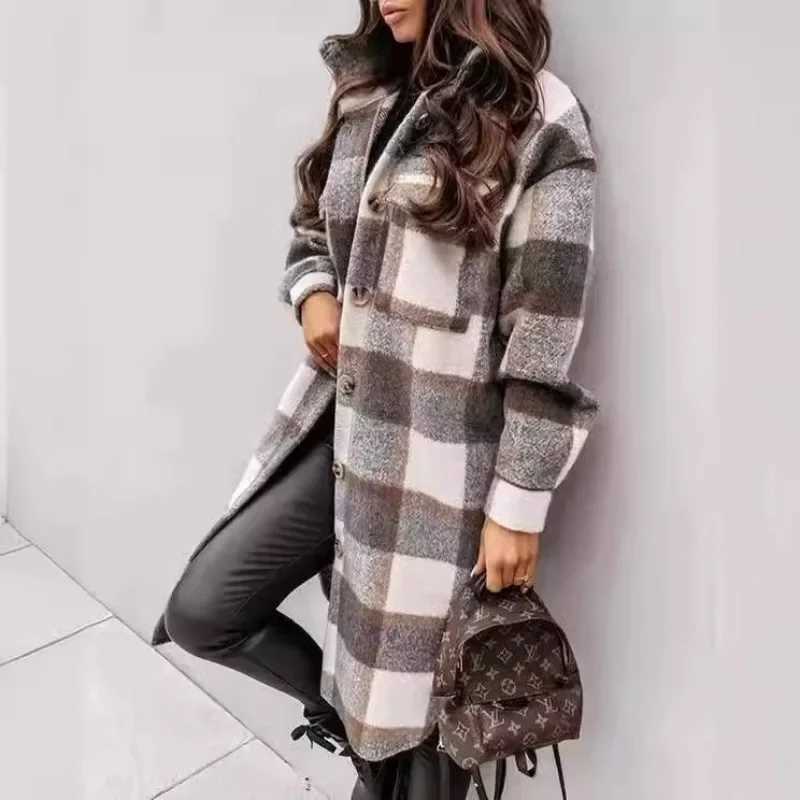Medium and Long Woolen Coat Jackets Spring and Autumn Shirt Wool Coats Womens Plaid Polished Long Sleeve Pockets Blends OutwearX241009