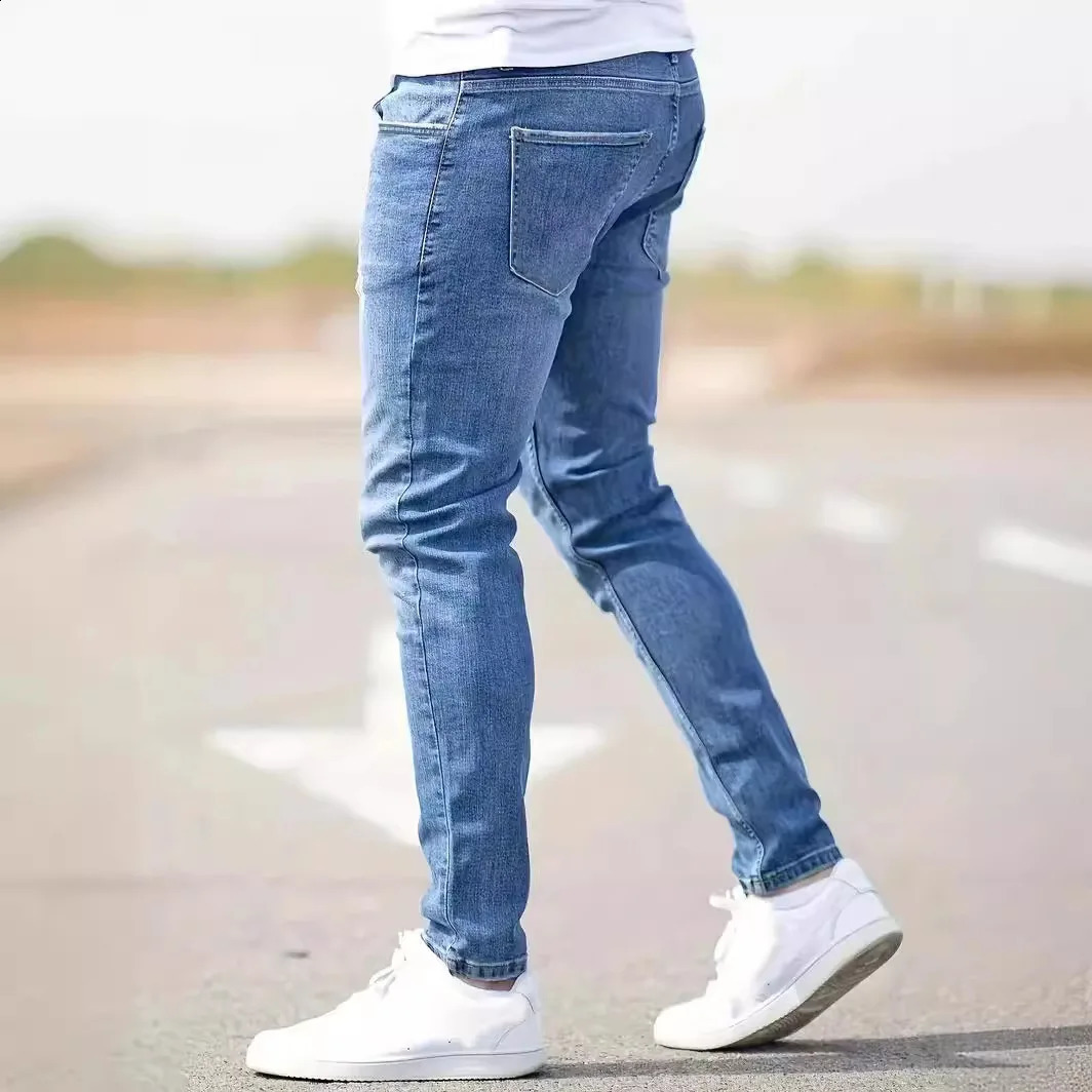 Cool mens jeans denim hole tight retro washed solid color pencil pants 2024 ankle long shoulder punk style pocket 240930