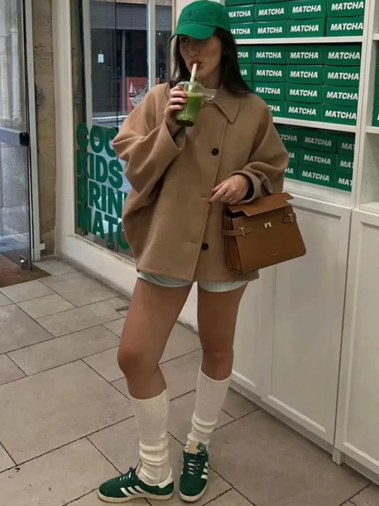 Casual Lapel Diagonalbreasted Coat Women Autumn Loose Solid Pockets Woolen Coats Female Winter Elegant Chic Street Outwear 240930