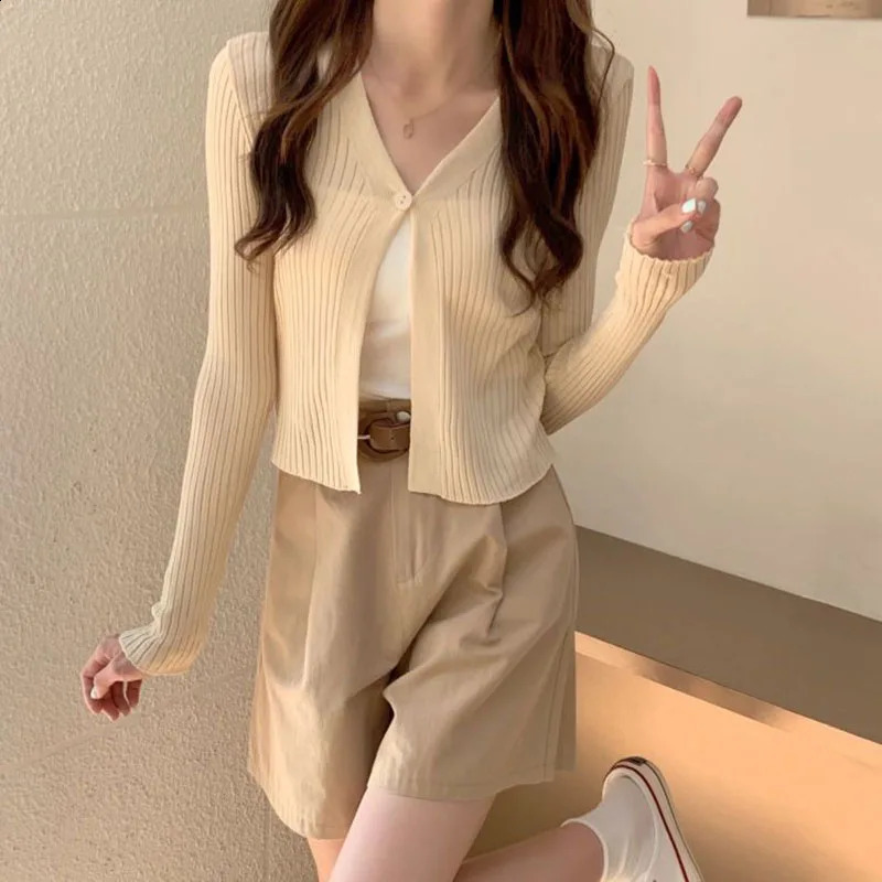 Xpqbb Knitted Cardigan for Women Korean Chic Single Buckle Cropped Cardigans Woman Autumn Ribbed Long Sleeve Vneck Sweater Coat 241007