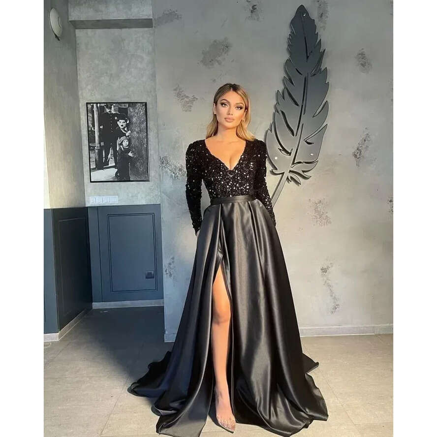 Dresses Blush Pink Prom With Pocket Sexy V Neck A E Split Evening Gowns Bgbg Sequined Top Satin Long Sleeve Vestidos Party Wears Bc15046 Vening Estido