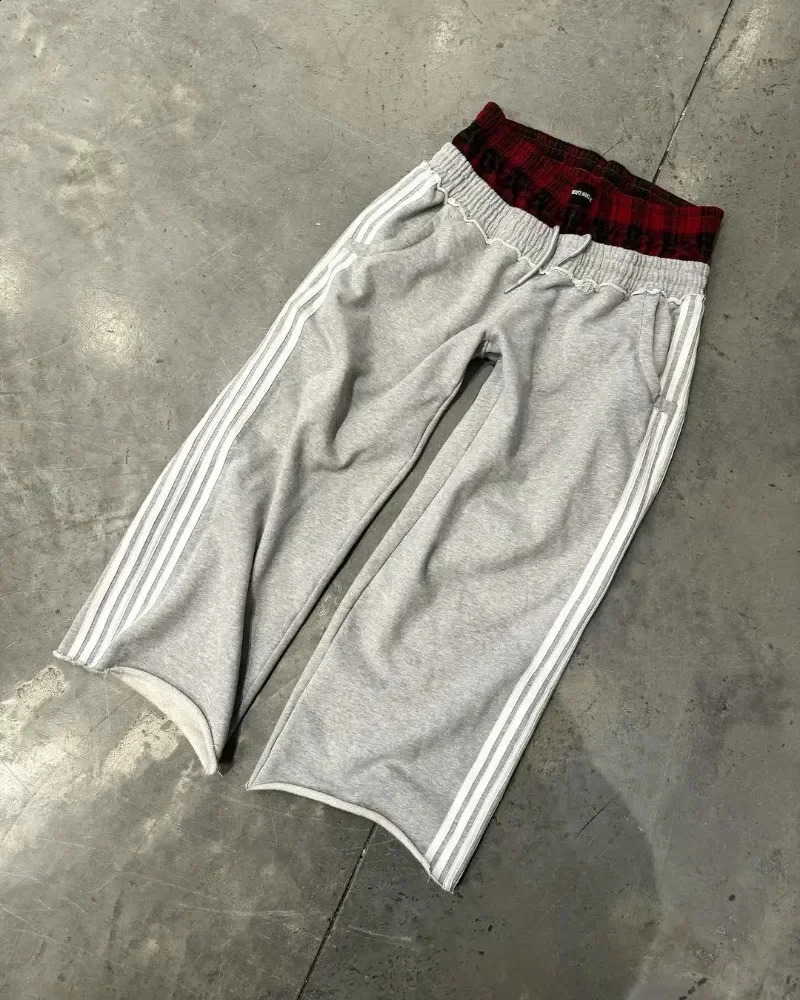 Green and red checkered retro patch work Y2K casual elastic waist Trouser US loose high waist straight leg two-piece pants 240930