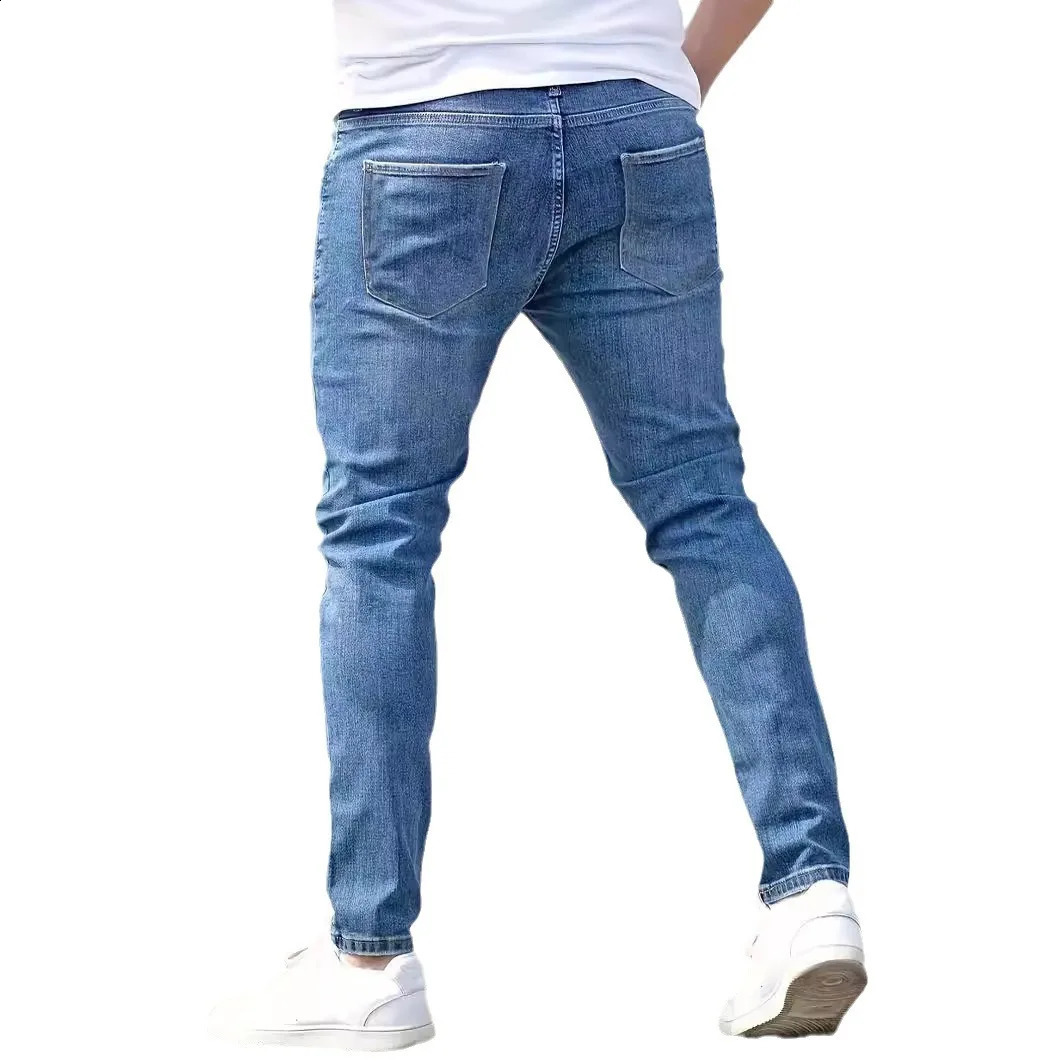 Cool mens jeans denim hole tight retro washed solid color pencil pants 2024 ankle long shoulder punk style pocket 240930