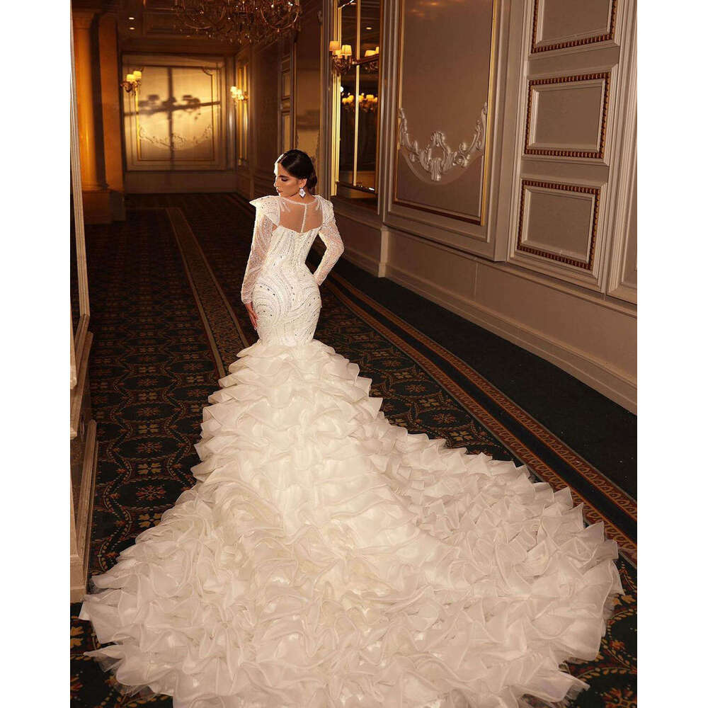 Gorgeous Wedding Dresses Mermaid O-Neck Crystals Beading Long Sleeve Princess Bridal Gown Vestido De Novia Customized 0228Lz