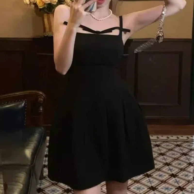 Full matching summer solid color pullout womens clothing Camisol slant neck mini skiing ALine aesthetic Korean fashion dress 241007