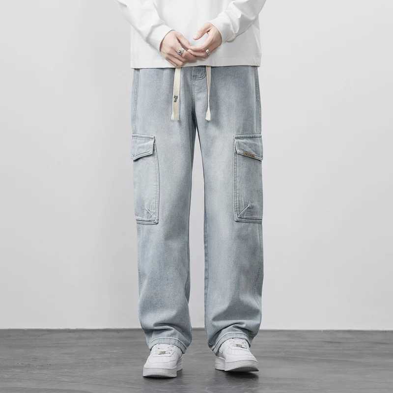Cargo Pants Mens Straight Jeans Stretch Waist Casual Soft Sweatpants Male Clothing Vintage Baggy Denim TrousersX241009