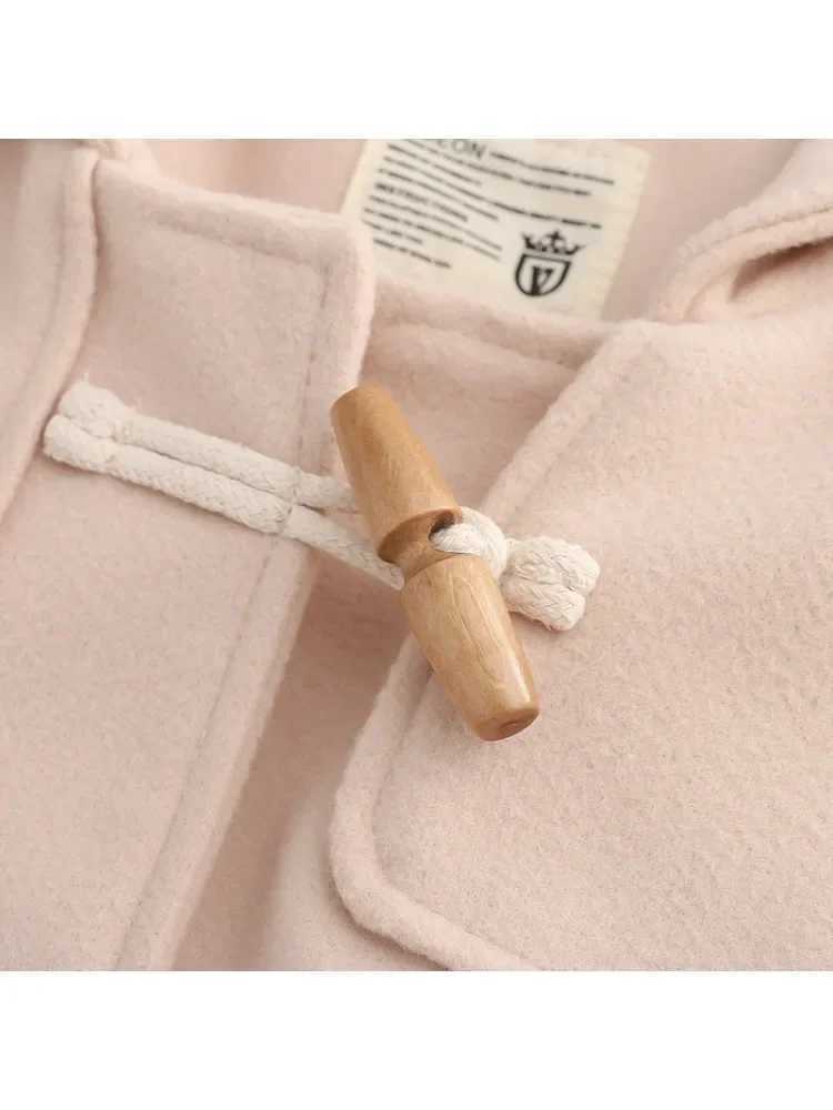 2025 Womens Tweed Coat Winter Korean Fashion Mid-length Coats Vintage Horn Button Hooded Loose Solid Jackets Casual Female TopX241009