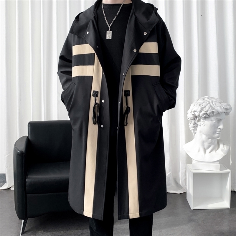 Trench coat Mens Windbreaker Patchwork Color Medium Long Trenchcoat Korean Fashion Covered Button Male Hooded Trench Jacket 241008