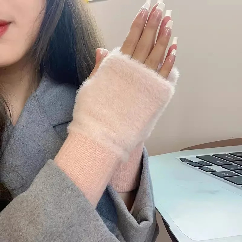 Winter touch screen plush warm gloves womens outdoor elastic fur wool half finger no gifts 241009