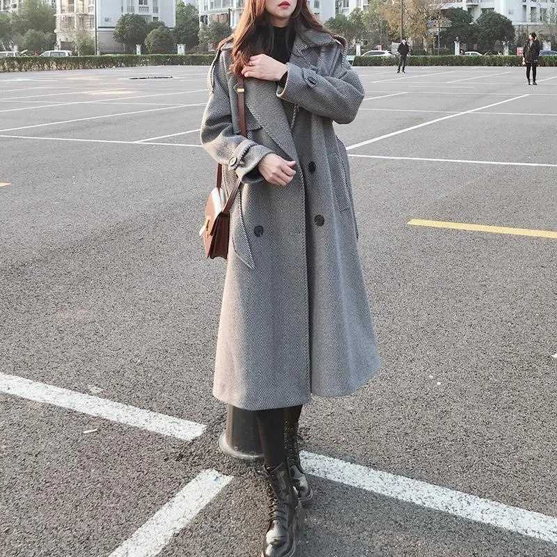 Womens Woolen Coat Autumn Winter Korean Long Sleeve Double Breasted Pocket Sashes Parkas Wool Jackets Loose All Match OvercoatX241009