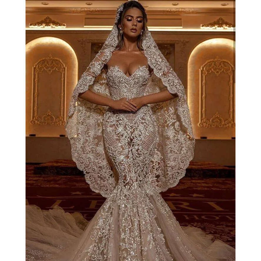 Wedding Mermaid Lace Applique Dresses 2022 Sweetheart Illusion Zipper Back Sweep Train Bride Dress Vestido De Noiva