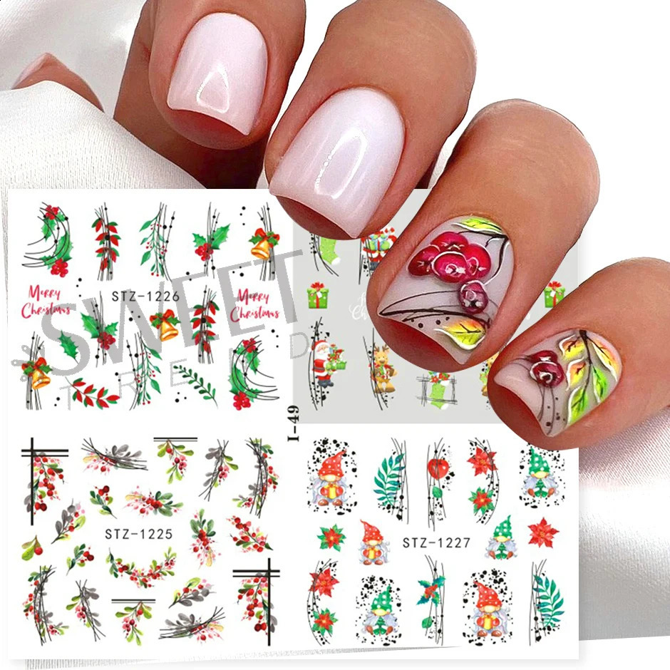 4-in-1 Holly Geometric Waternail Stickers Snowflake Santa Claus Christmas DIY Year Decoration Tips JII-48 241008