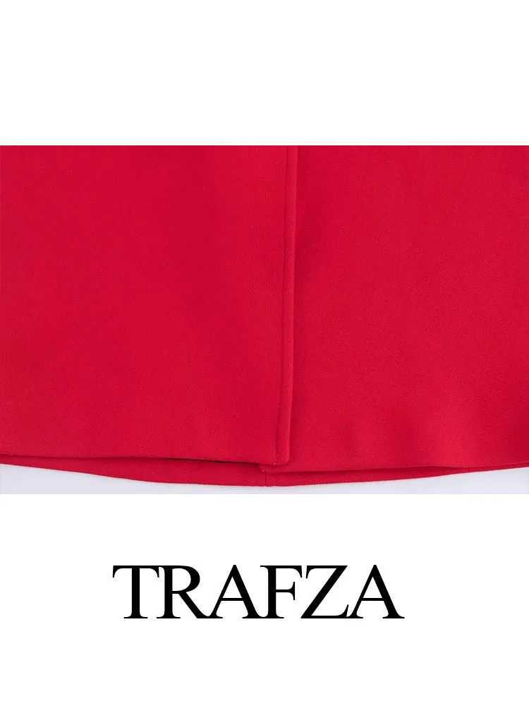 TRAFZA Womens Winter Elegant Casual Coat Red Turn-Down Collar Long Sleeves Pockets Single Breasted Women New Fashion CoatsX241009
