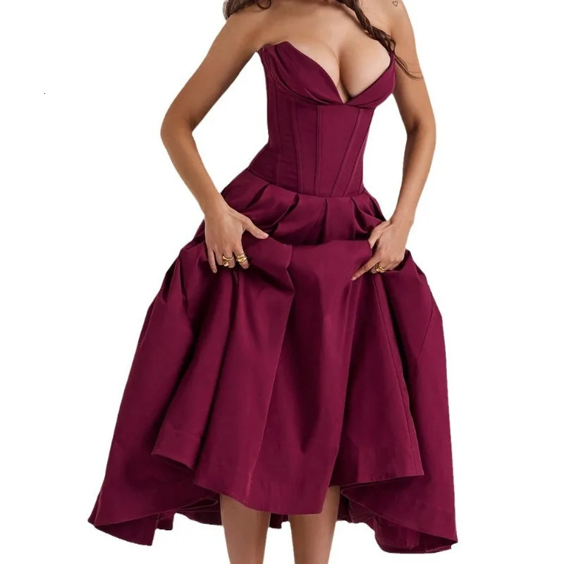 2024 Lady Strapless Midi Dres Sexy Summer Dresses Solid Color Fishbone Corset Graceful Birthday Evening Dress Vestidos 241009