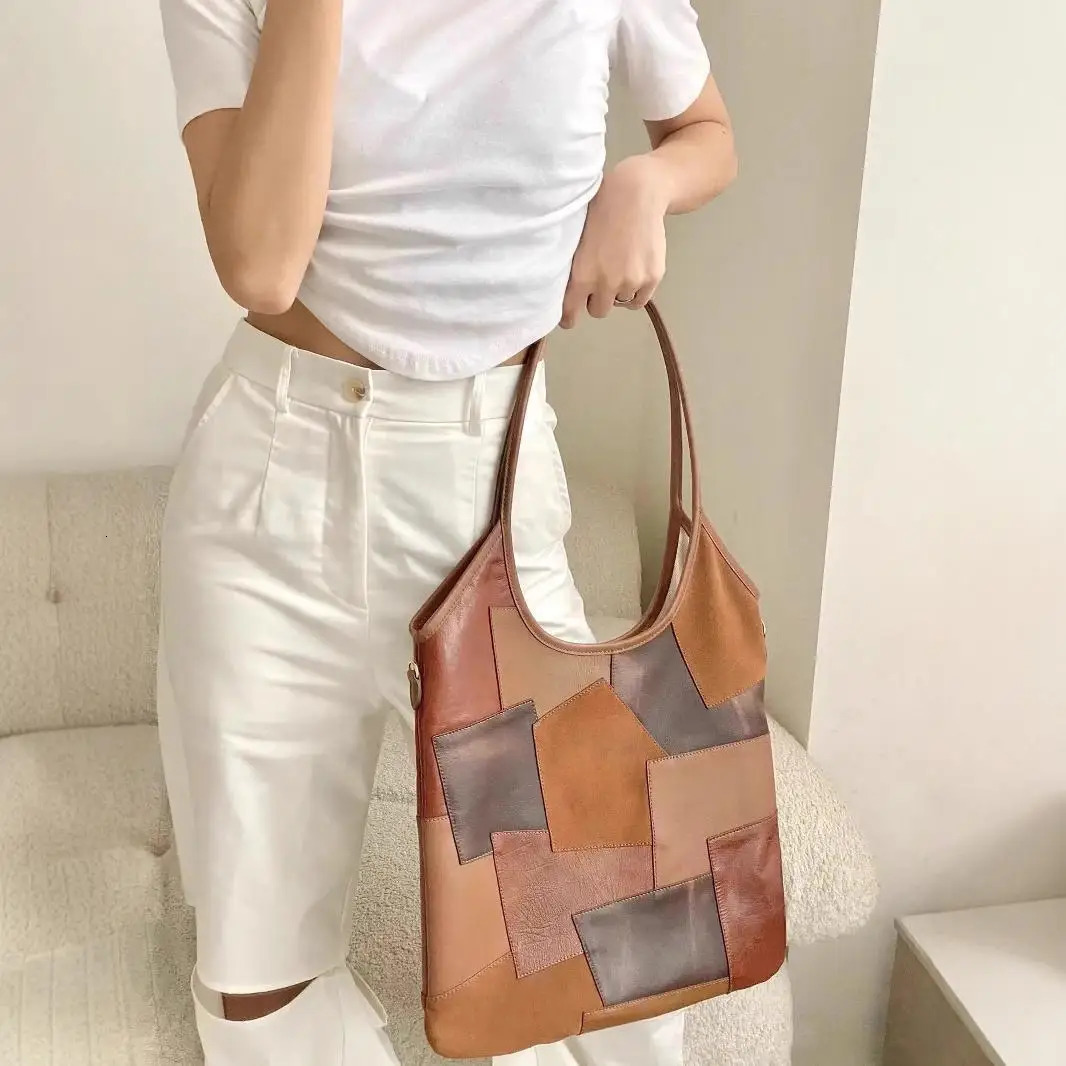Retro fashion womens handbag with genuine leather patches working casual y n lingerie bag 241008