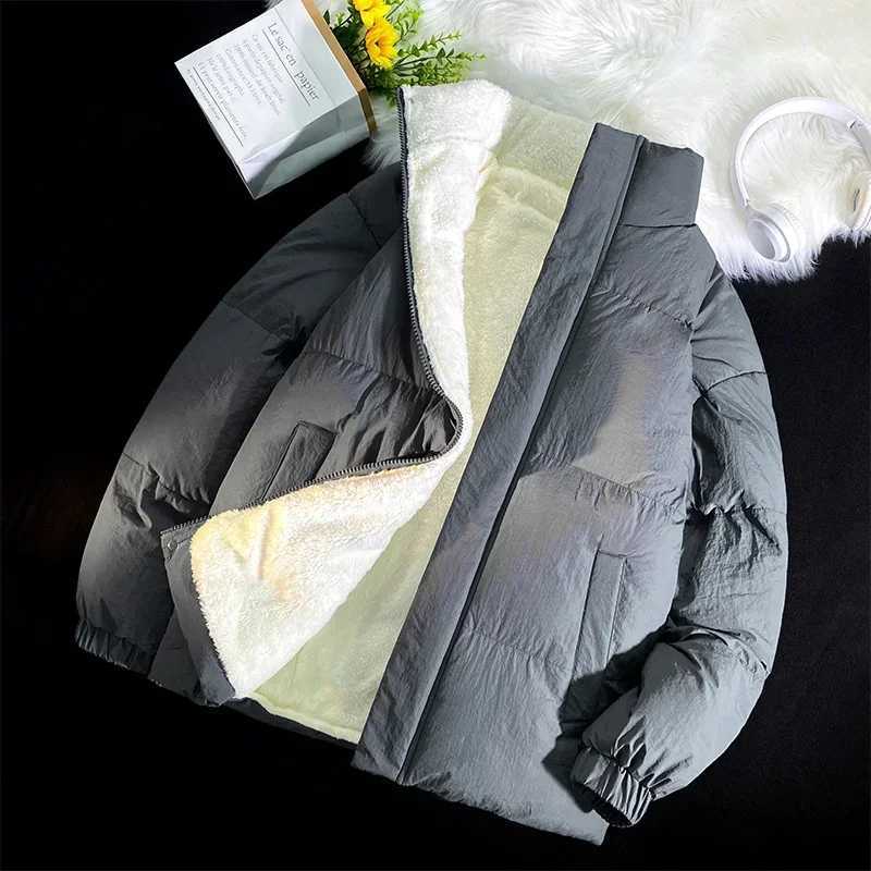 Green Puffer Jacket Men Style Winter Lamb Wool Stand Up Collar Casual Jackets Men Thick Warm Coats Streetwear Solid Color Jacket LX241009