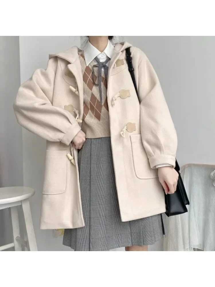 Winter Thick Hooded Blends Women Tender Sweet Horn Button Preppy Style Casual Girl Baggy Japanese Fashion Pockets Warm OvercoatsX241009