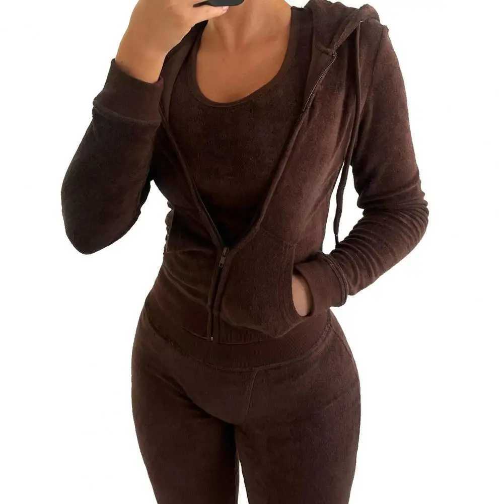 Womens thick wool 3-piece sports pants vest and hooded jacket set autumn and winter jogging luxury set sportswear W241008