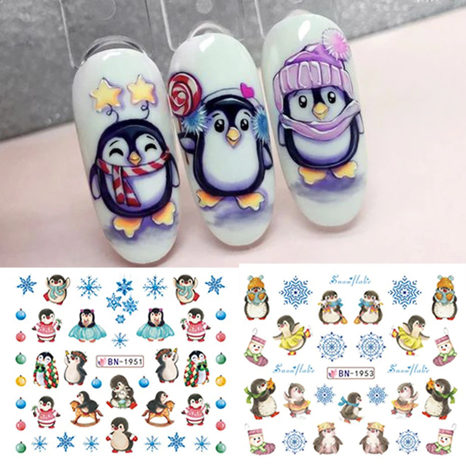 12 Cute Christmas Nail Stickers with Bird Bear Cartoon Animal Snowflake Slide Water Decoration Tips 241008
