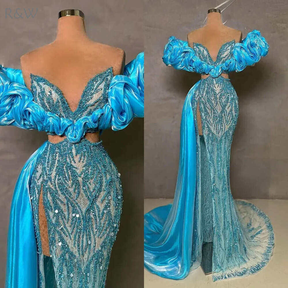 R&W 2024 Blue Prom for Black Women Evening Dresses Illusion Promdress Off Shoulder Sexy Side Split Beaded Lace Birthday Dress Second Reception Gowns A