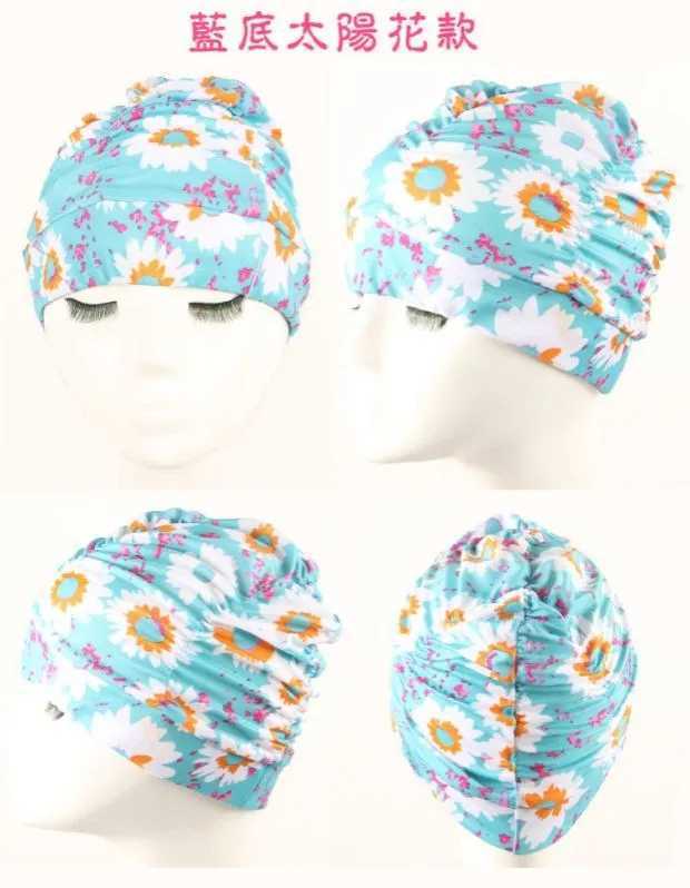 Womens long haired swimming cap pleated shower cap nylon swimming pool fashionable elastic print elastic adult beach CL241009