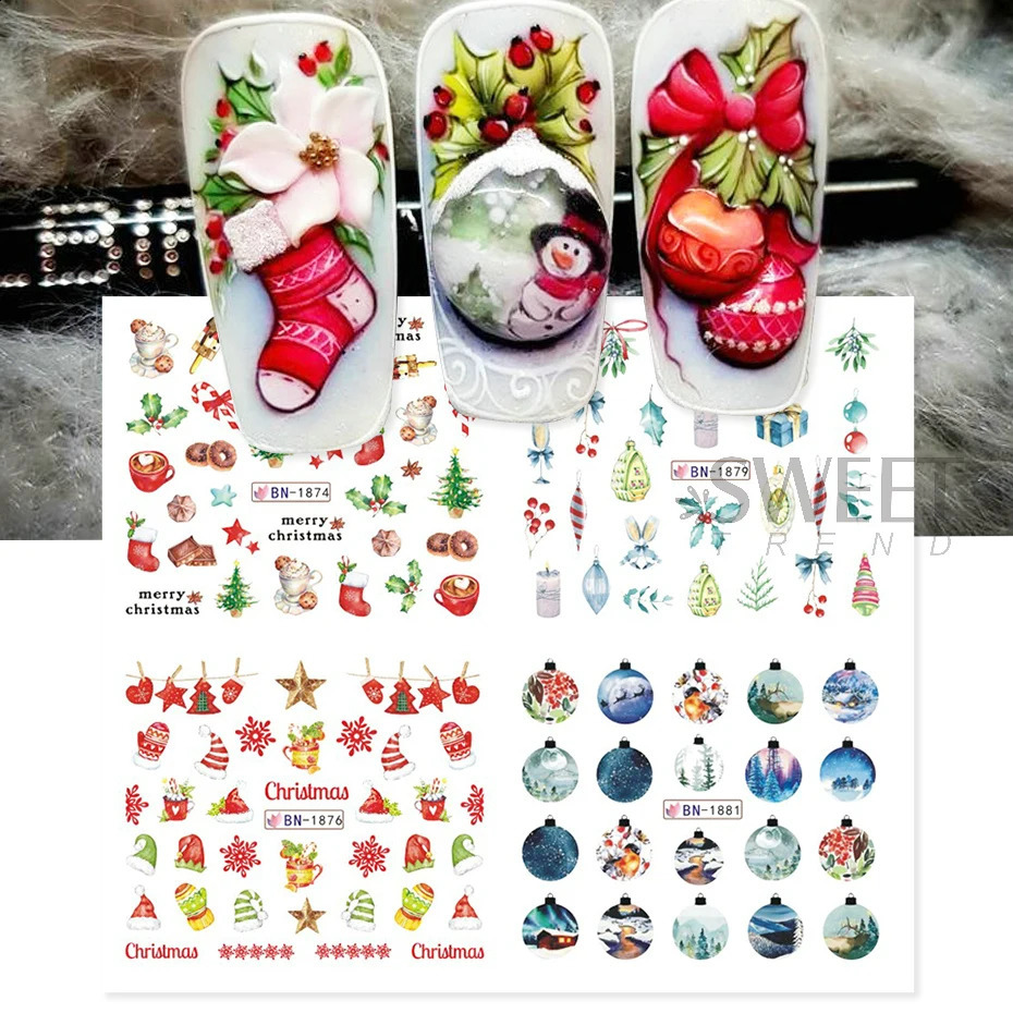 12 Christmas Happy Waternail Stickers Gonk Elk Cookie Snowflake Celebration Ball Sliders Winter Year Handmade Decorative Foil 241008
