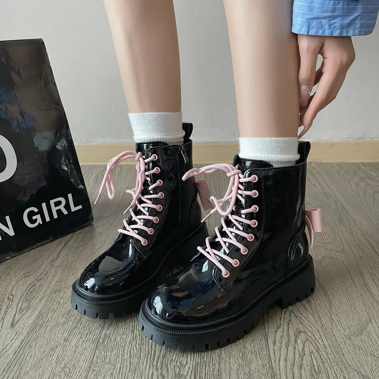 Punk Thick Platform Motorcycle Boots Womens Fashion Bow Lace Top Thick Bottom Ankle Boots Womens Autumn Winter Gothic Shoes 241007