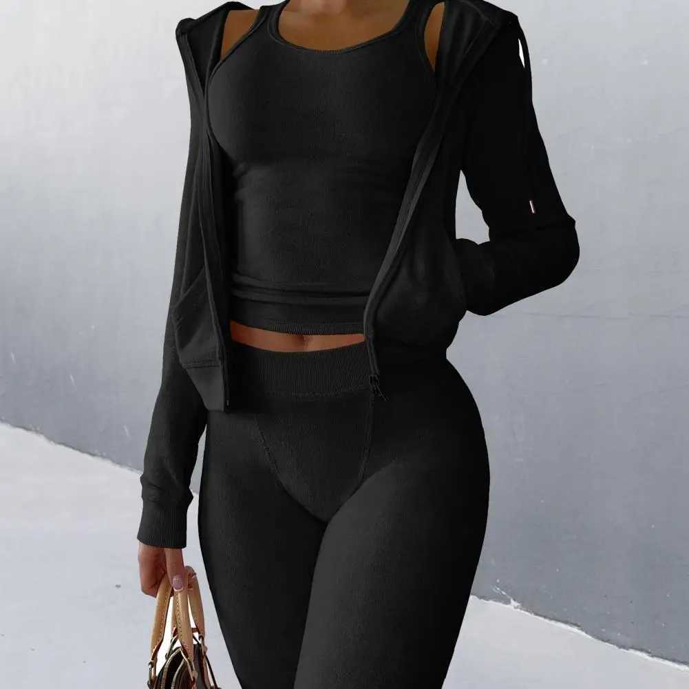 Womens thick wool 3-piece sports pants vest and hooded jacket set autumn and winter jogging luxury set sportswear W241008