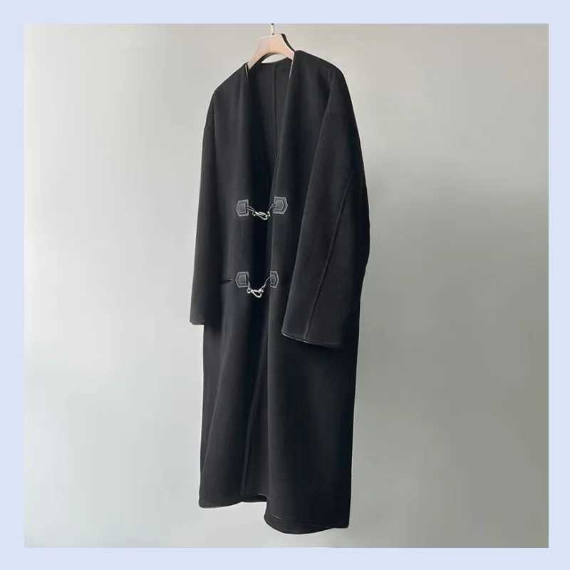 Autumn and winter Swedish leather buckle double-sided woolen loose retro hook elegant womens coat jacketX241009