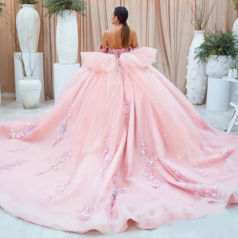 Mexico Pink Sweetheart Ball Gown Quinceanera Dresses For Girls Beaded Appliques Lace Tull Birthday Party Sweet 16 Dress Vestidos 15 Anos