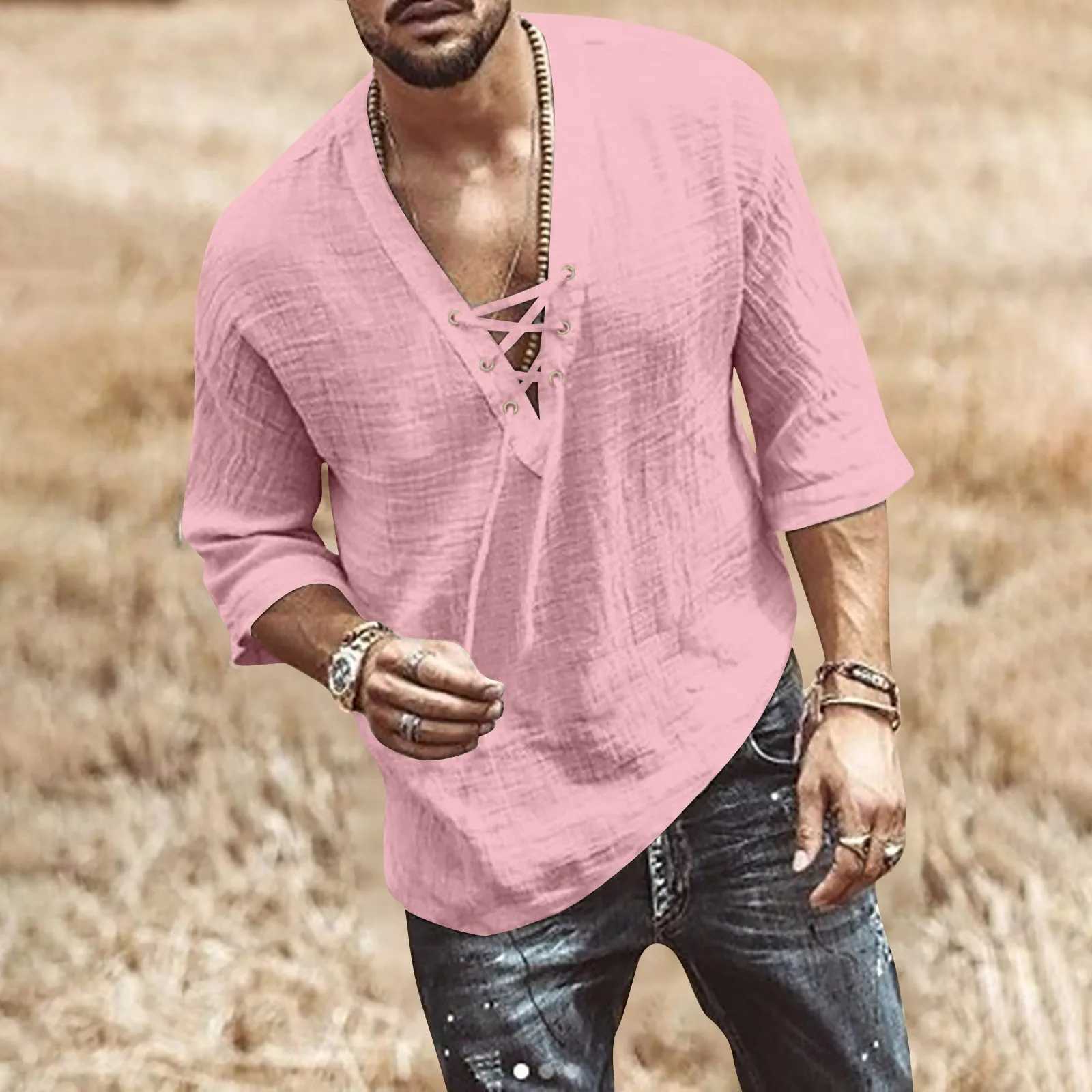 Spring and summer mens T-shirt cotton linen solid color long slip shirt fashionable loose V-neck shirt Strt casual top CL241009