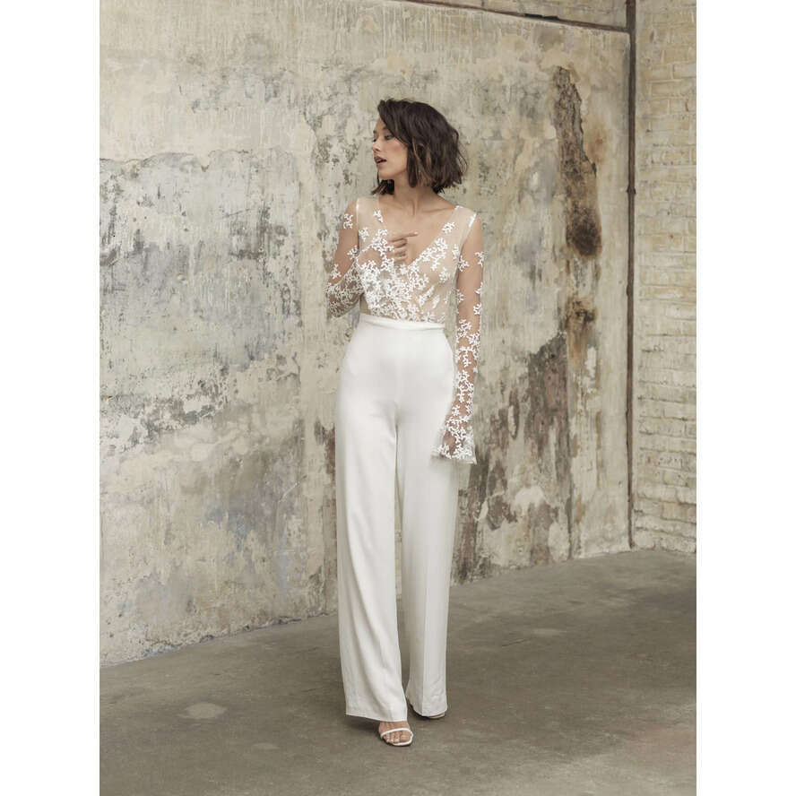 Jumpsuits Pcs One Bridal Outfit Beach Wedding Dresses Ankle Length Lace Long Sleeves Brides Reception Gowns Sheath Boho Women Pants Suit