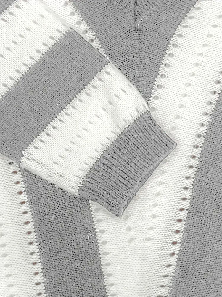 Plus Size Womens Long Sleeve Deep V Neck Zipped Up Hand Knit Striped Sweater Loose Pullover Jumper Tops