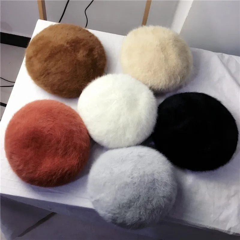 Black/White Fashionable Classic Womens Rabbit Fur Beret Autumn/Winter Warm Thick Plush Hat Casual Solid Color Elegant Sweet Beret 241007